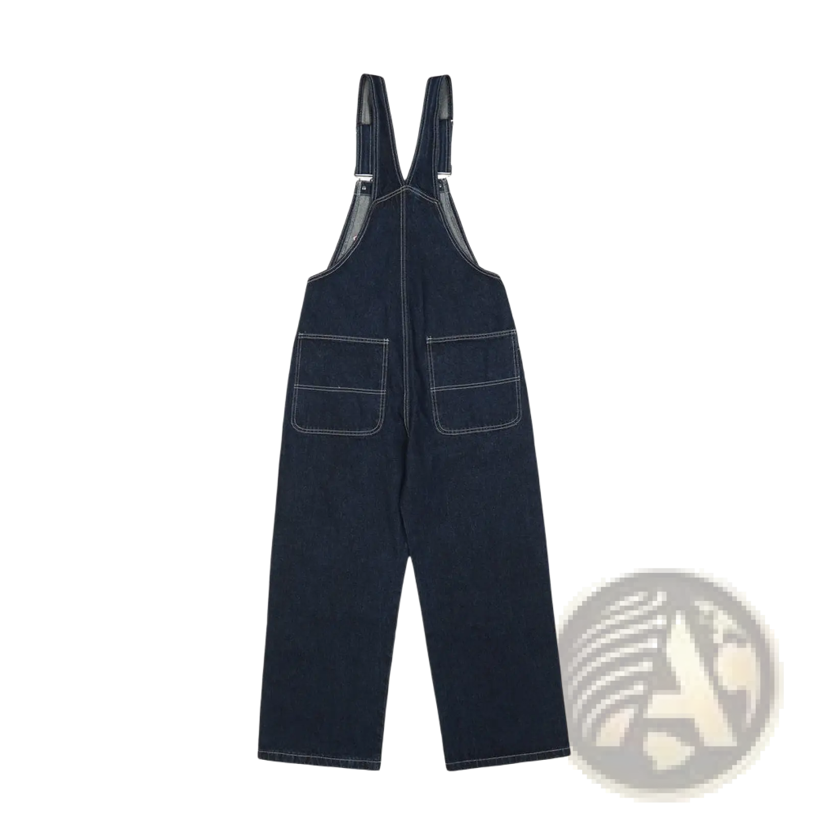 Men embroidered dark blue denim overalls with contrasting white stitching and wide legs made of durable denim material