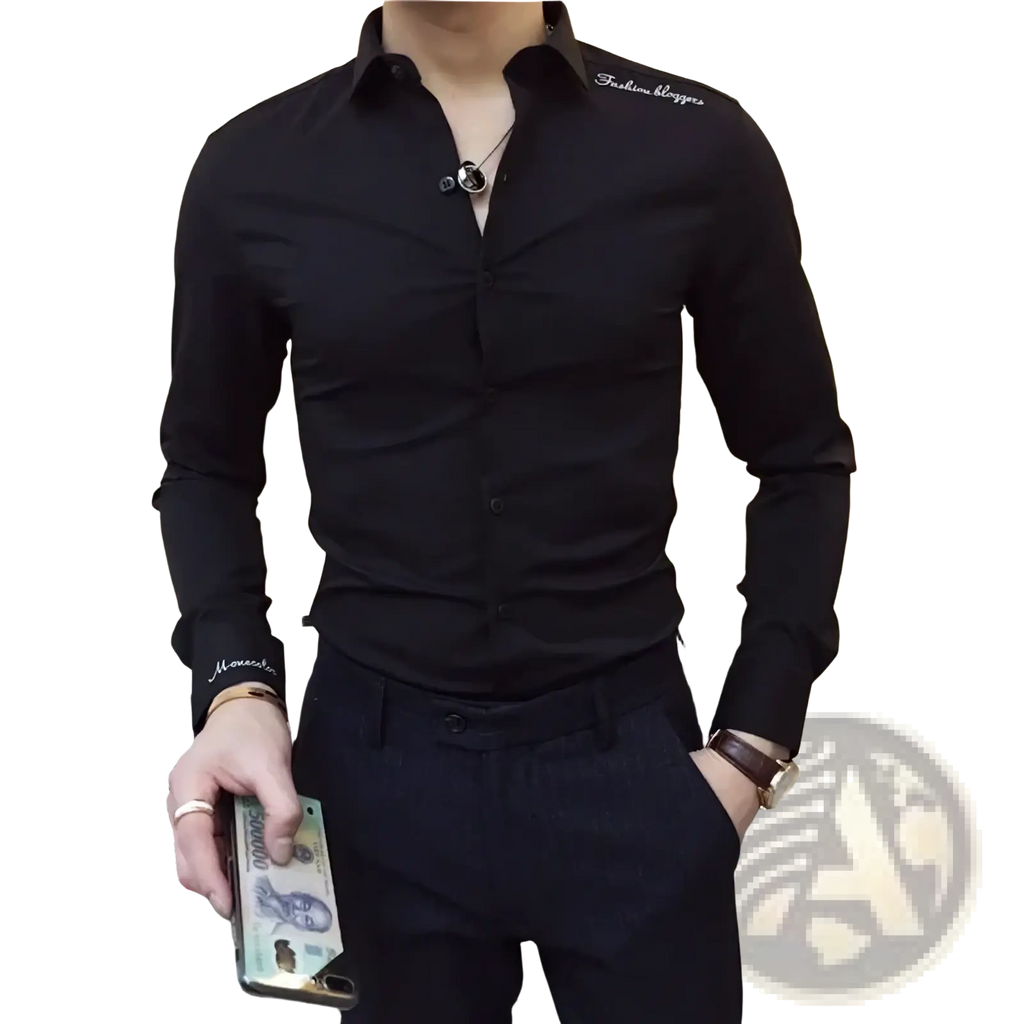 Black long-sleeved men embroidered dress shirt in cotton blend with subtle text on collar and cuff