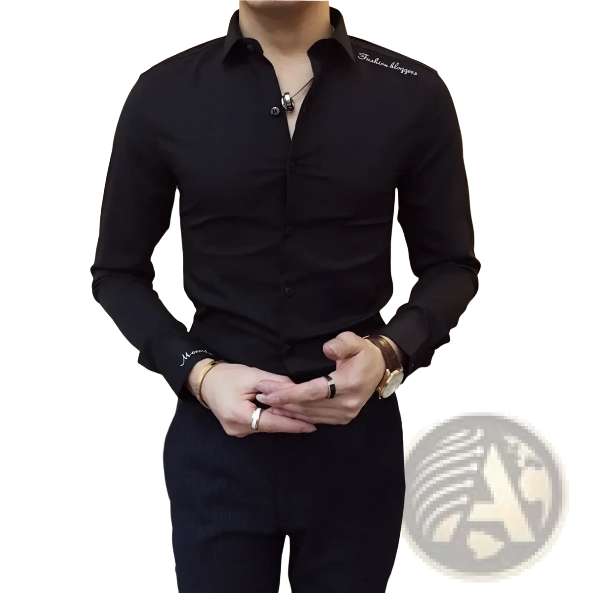 Black long-sleeved men embroidered dress shirt made of cotton blend with subtle white embroidery on collar and cuff
