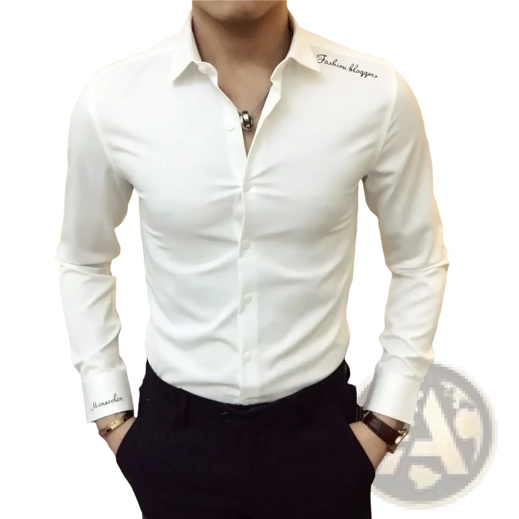 White men’s long-sleeve cotton blend dress shirt with fashion blogger embroidery and subtle textured pattern
