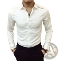 White men’s long-sleeve cotton blend dress shirt with fashion blogger embroidery and subtle textured pattern