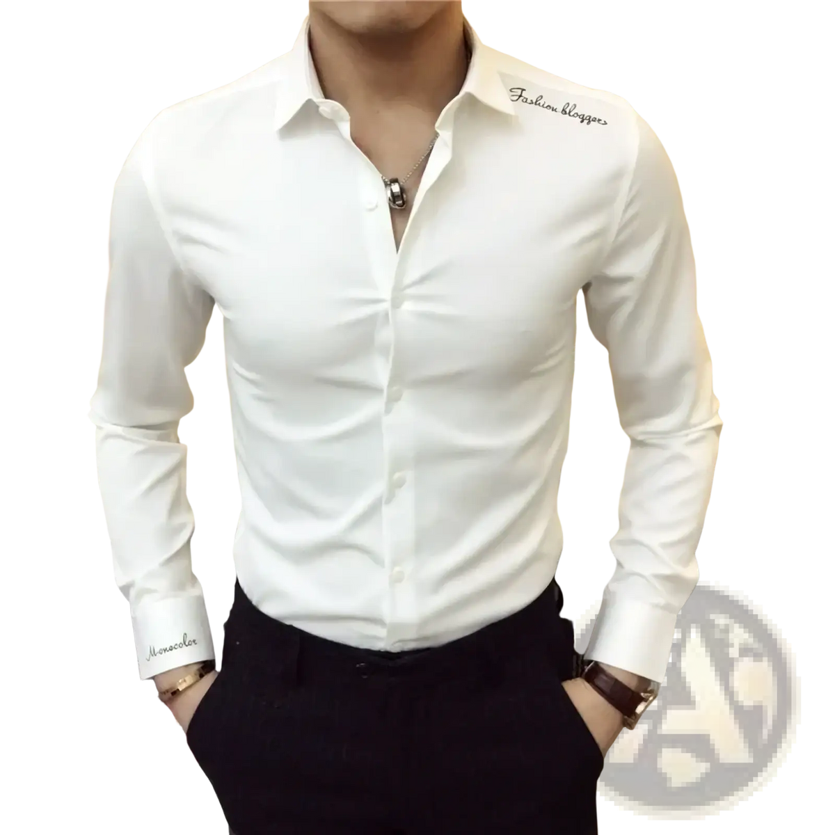 White men’s long-sleeve cotton blend dress shirt with fashion blogger embroidery and subtle textured pattern