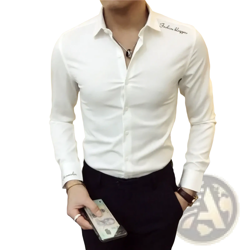 White long-sleeved men embroidered dress shirt in cotton blend with fashion blogger embroidery on collar and cuff