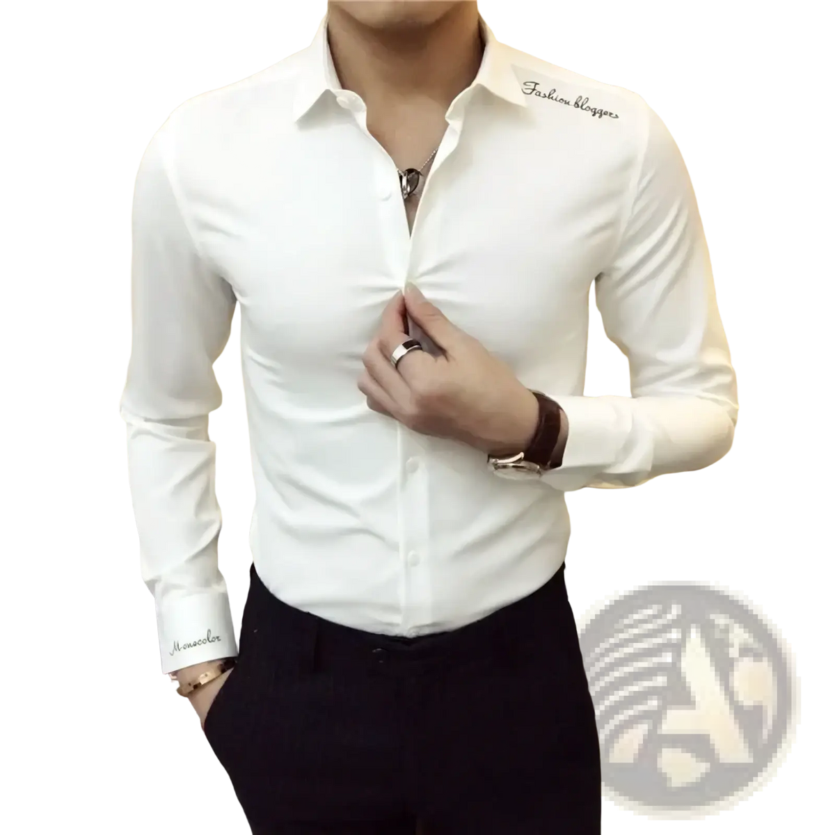 White long-sleeved men’s dress shirt with subtle collar and cuff embroidery made from cotton blend fabric