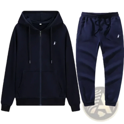 Navy blue men embroidered hoodie and sweatpants set by Ralph Lauren with zip-front hoodie and white polo player logo