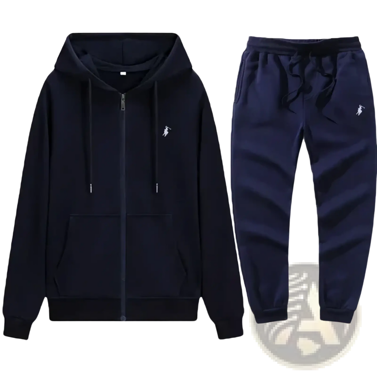 Navy blue men embroidered hoodie and sweatpants set by Ralph Lauren with zip-front hoodie and white polo player logo