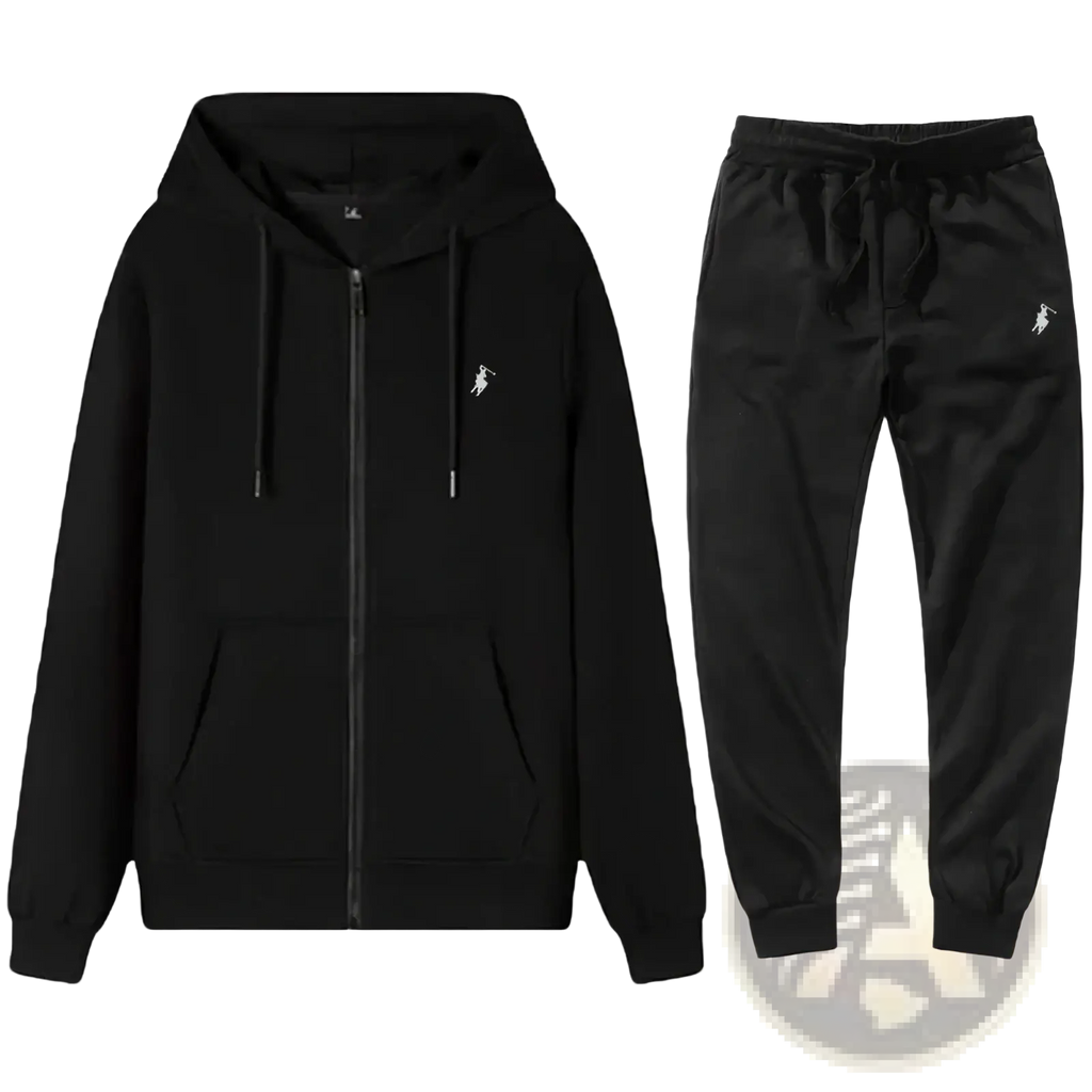 Men embroidered hoodie and sweatpants set in black with white embroidered polo player logos made from soft fabric