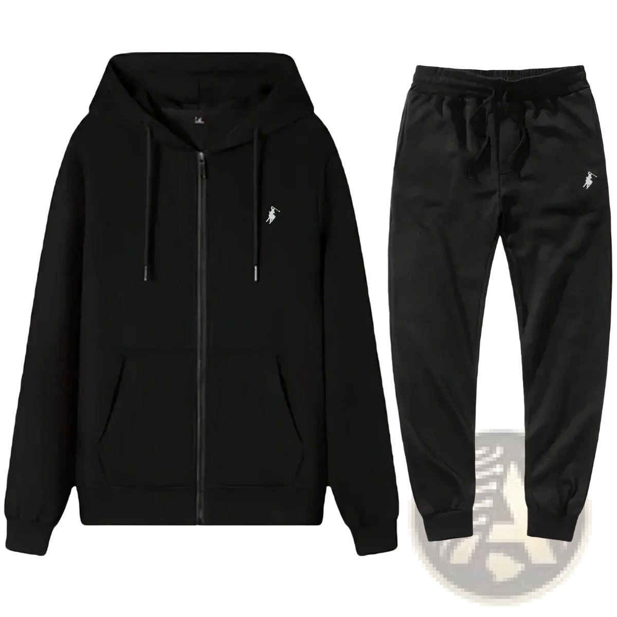 Men embroidered hoodie and sweatpants set in black with white embroidered polo player logos made from soft fabric