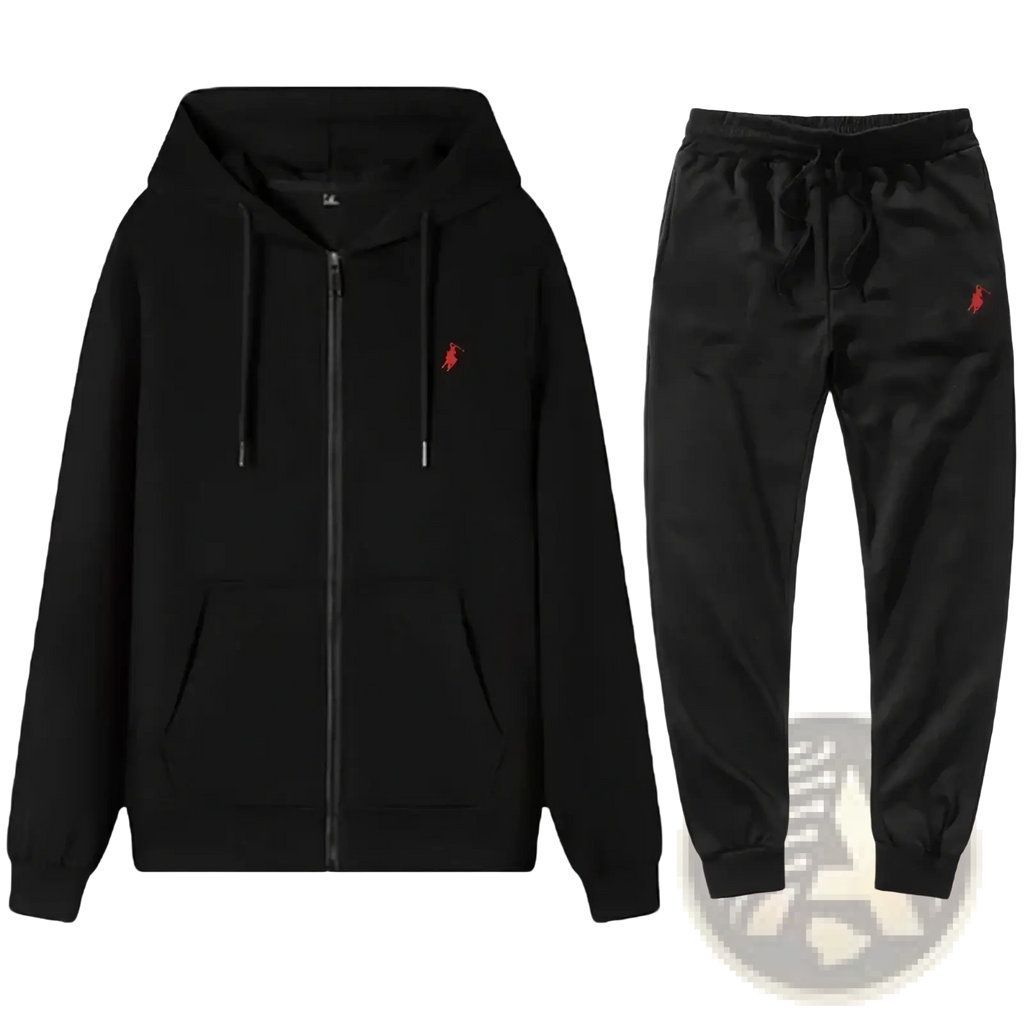 Men embroidered hoodie and sweatpants set in black cotton with red embroidered polo logos for casual wear