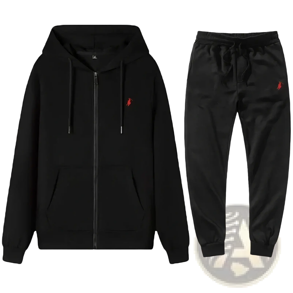 Men embroidered hoodie and sweatpants set in black cotton with red embroidered polo logos for casual wear
