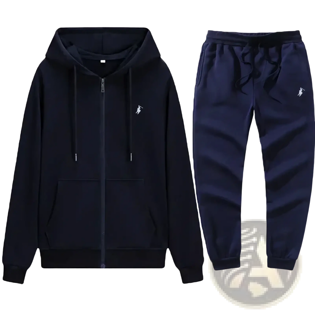 Men embroidered hoodie and sweatpants set in black and navy with white embroidered polo player logos front view
