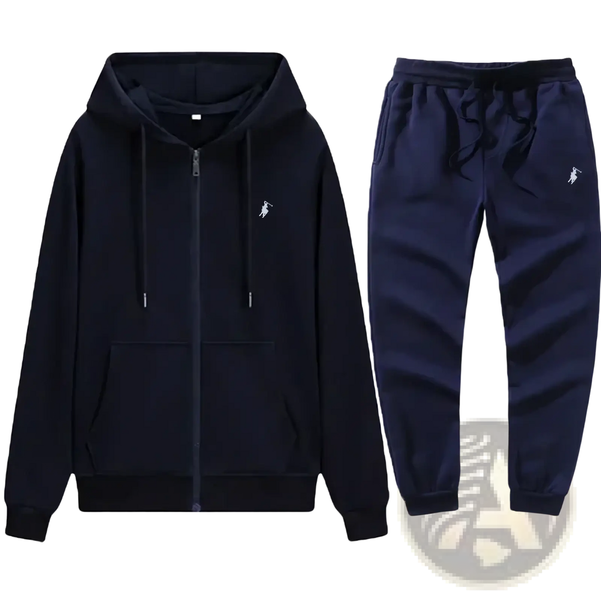 Men embroidered hoodie and sweatpants set in black and navy with white embroidered polo player logos front view
