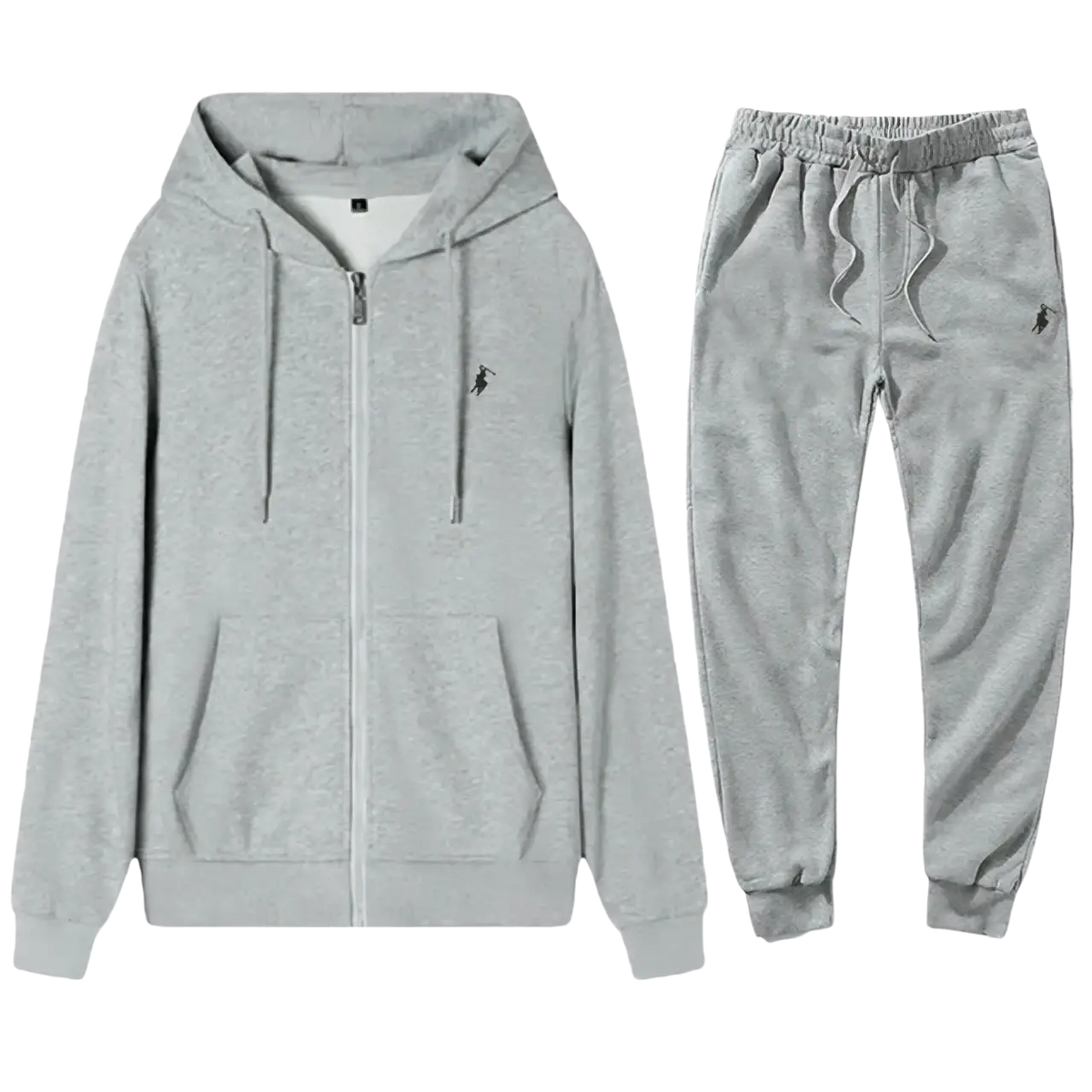 Men embroidered hoodie and sweatpants set in gray heathered fabric with black embroidered polo player logo on chest