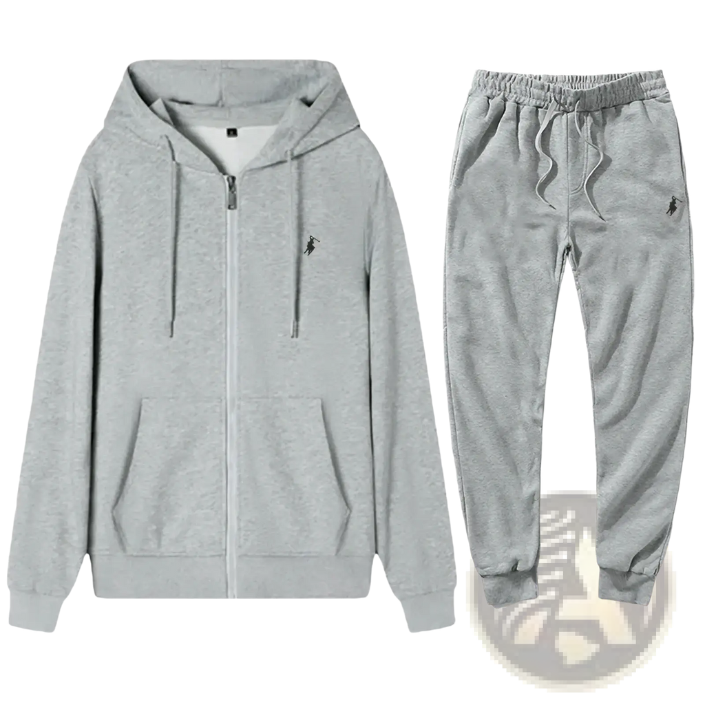 Men embroidered hoodie and sweatpants set in gray heathered fabric with small black polo player logo on chest
