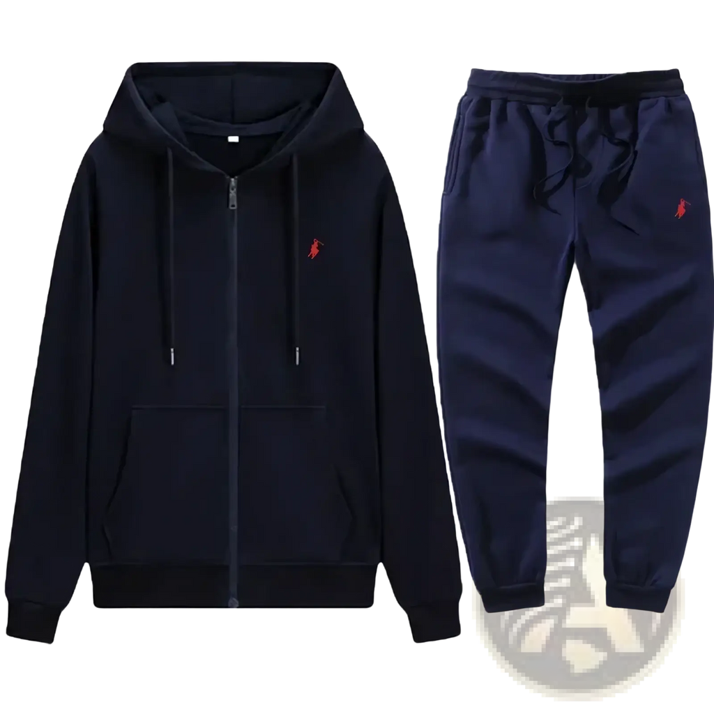 Navy blue Ralph Lauren men embroidered hoodie and sweatpants set with red embroidered polo logos in cotton blend
