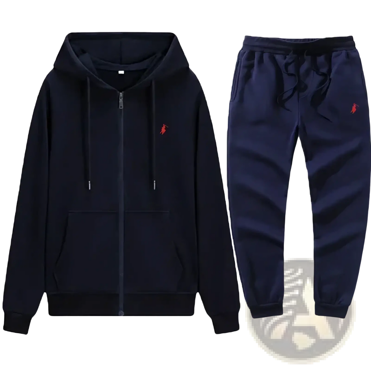 Navy blue Ralph Lauren men embroidered hoodie and sweatpants set with red embroidered polo logos in cotton blend