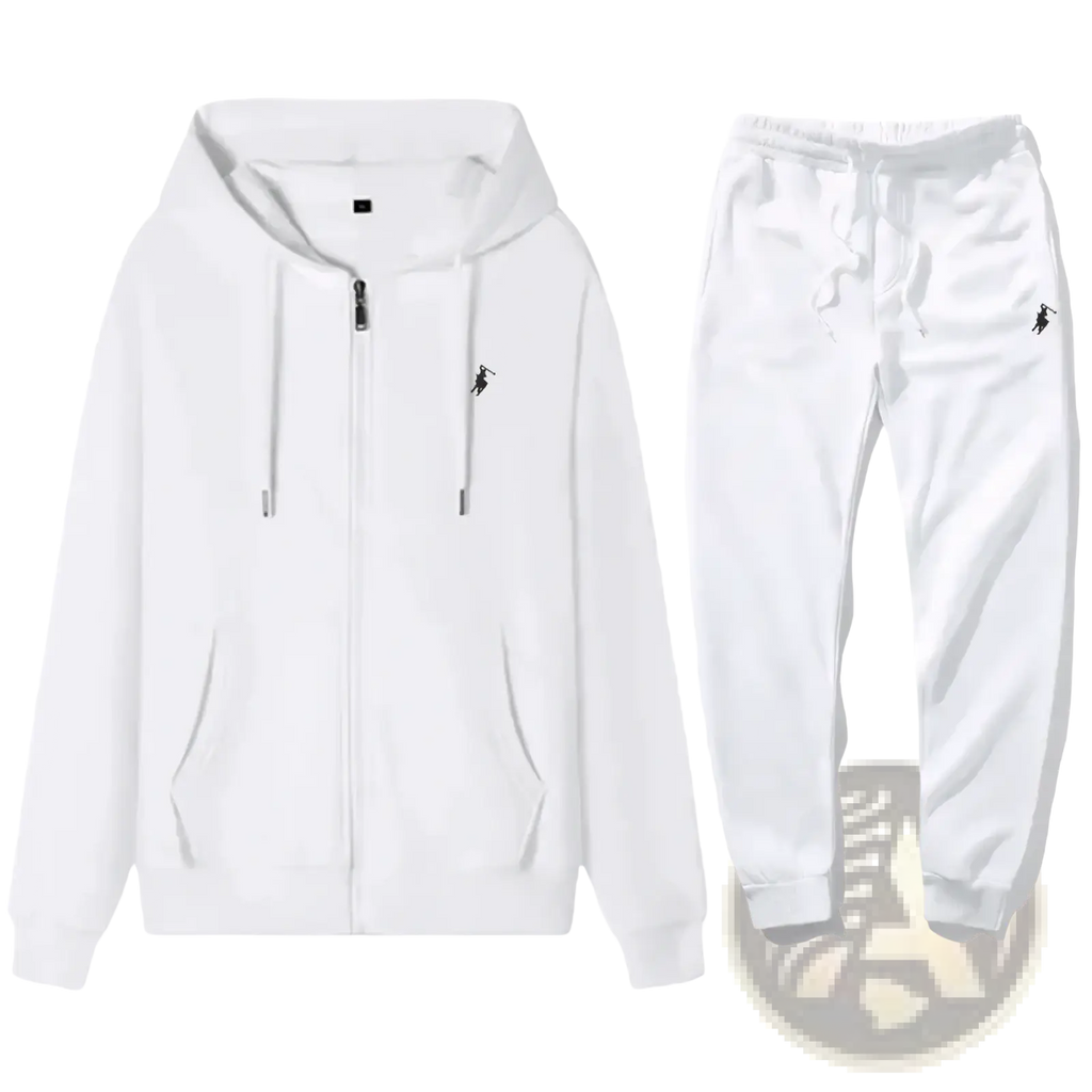 Men embroidered hoodie and sweatpants set in white with black embroidered polo player logo on each garment