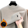 Men embroidered knit pullover sweater in beige with ribbed crew neck and black embroidered polo player logo on chest
