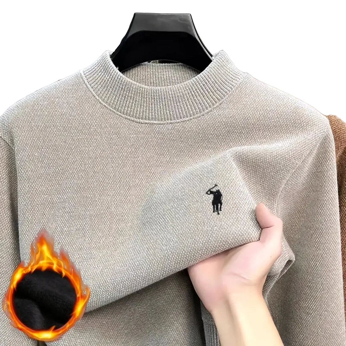 Men embroidered knit pullover sweater in beige with ribbed crew neck and black embroidered polo player logo on chest