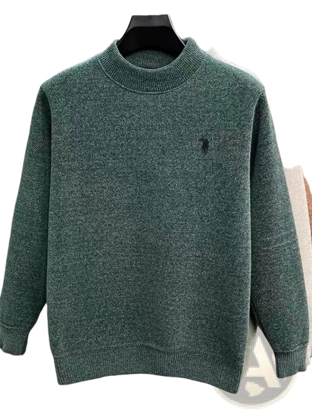 Men embroidered knit pullover sweater in dark green with textured fabric and small chest embroidered logo