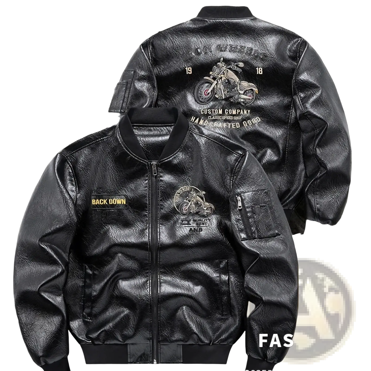 Men embroidered leather motorcycle jacket in black with vintage design and detailed embroidered patches