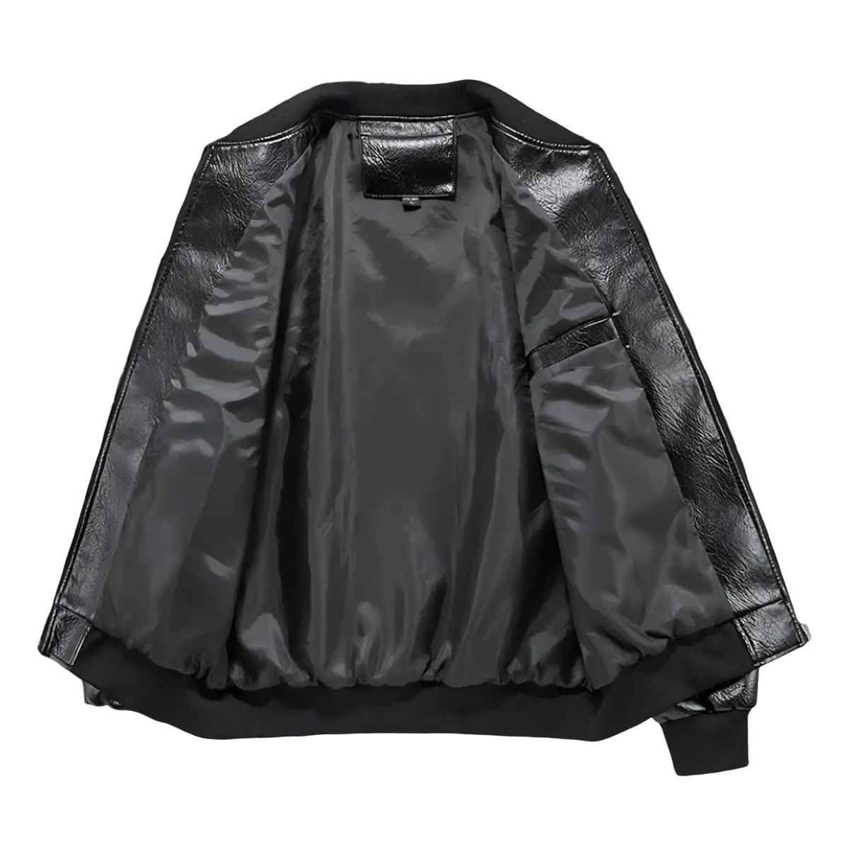 Men embroidered black faux leather motorcycle bomber jacket with shiny textured exterior and smooth satin lining