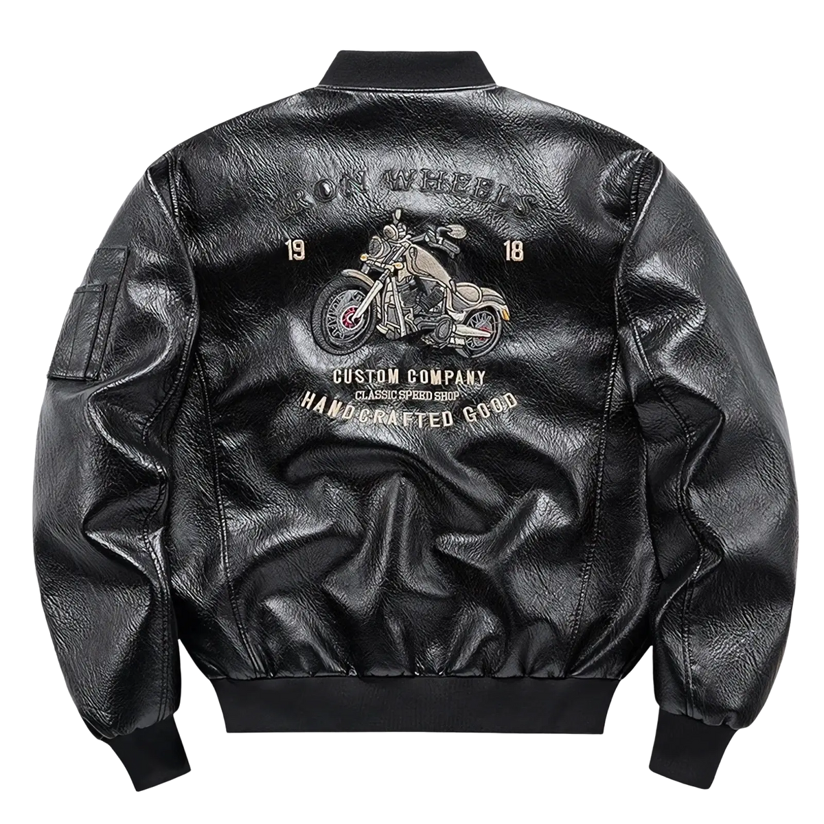 Black faux leather men embroidered motorcycle jacket showing detailed motorcycle graphic and text on the back side