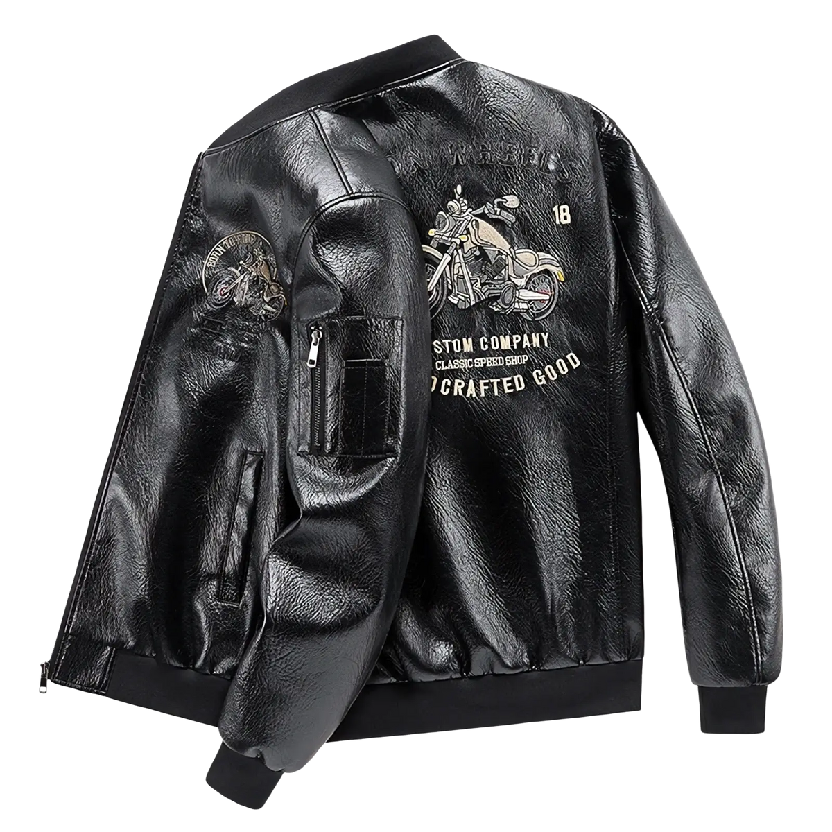 Back view of a men embroidered black faux leather bomber jacket with vintage motorcycle graphic and text