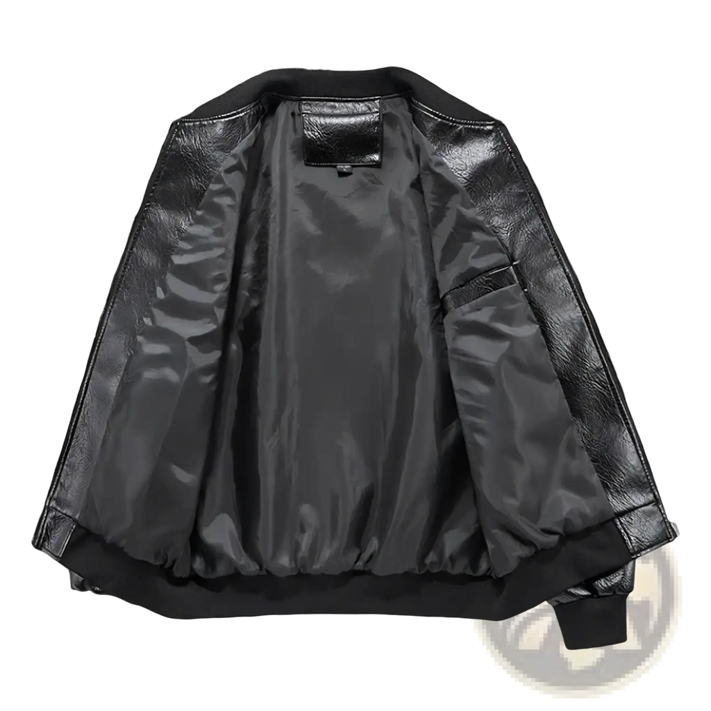 Men embroidered black faux leather motorcycle bomber jacket with shiny textured exterior and smooth satin lining