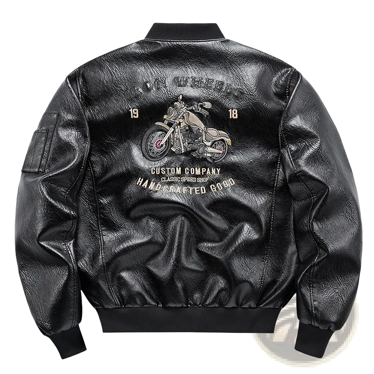 Black faux leather men embroidered motorcycle jacket showing detailed motorcycle graphic and text on the back side