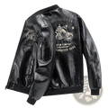 Back view of a men embroidered black faux leather bomber jacket with vintage motorcycle graphic and text