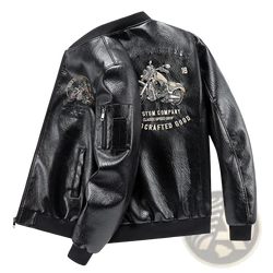 Back view of a men embroidered black faux leather bomber jacket with vintage motorcycle graphic and text