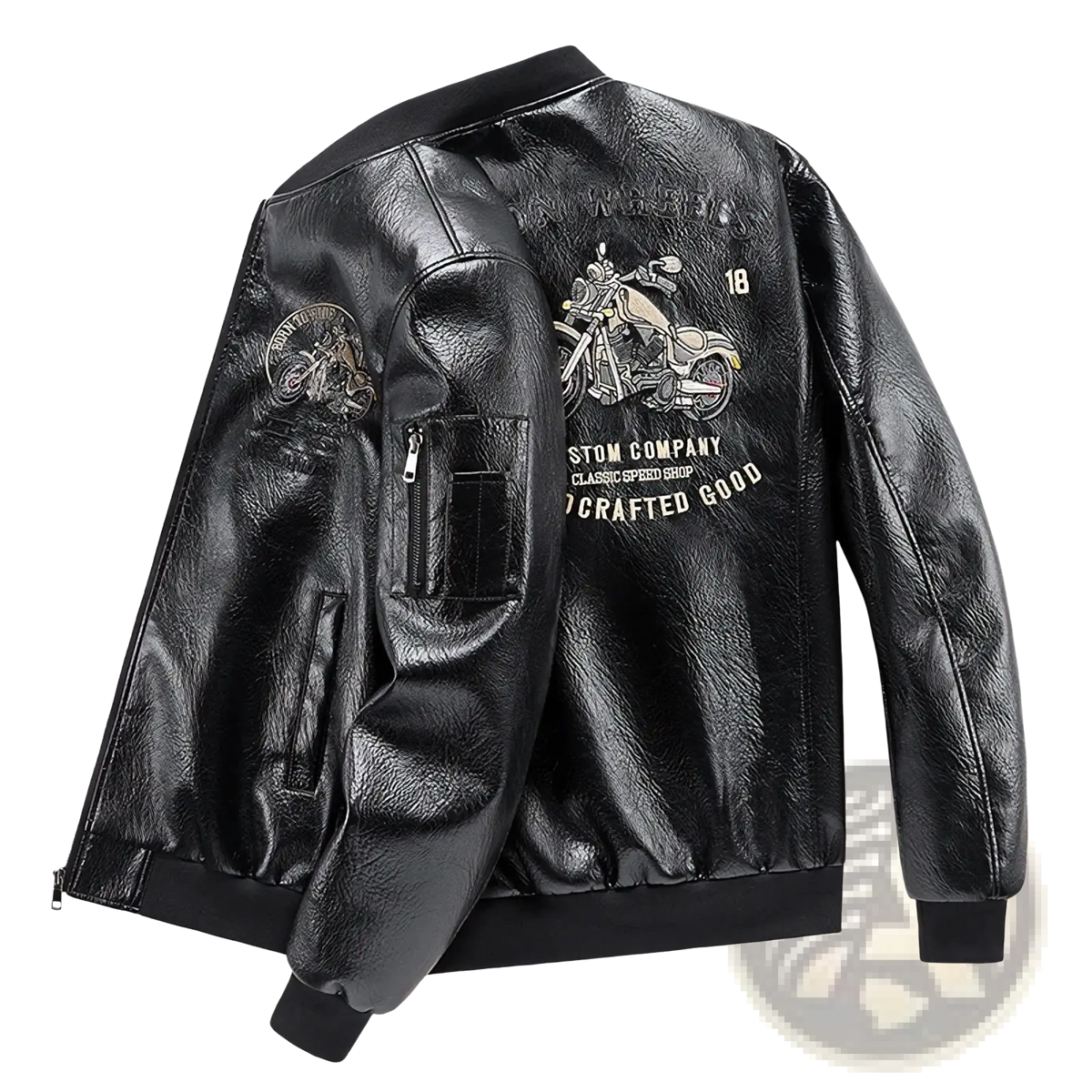 Back view of a men embroidered black faux leather bomber jacket with vintage motorcycle graphic and text