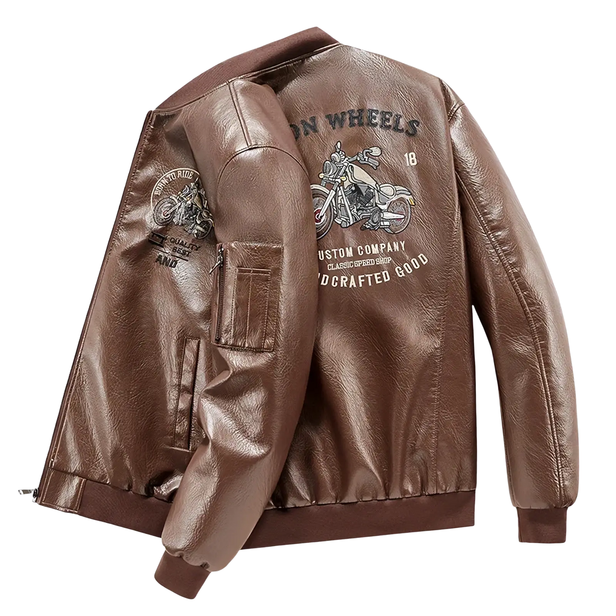 Back side of a men embroidered brown leather bomber jacket with a vintage motorcycle graphic and text