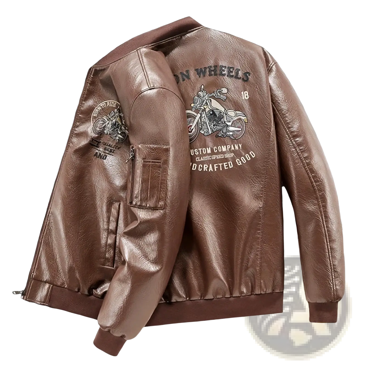 Back view of men embroidered brown leather bomber jacket featuring motorcycle graphic and vintage-style text