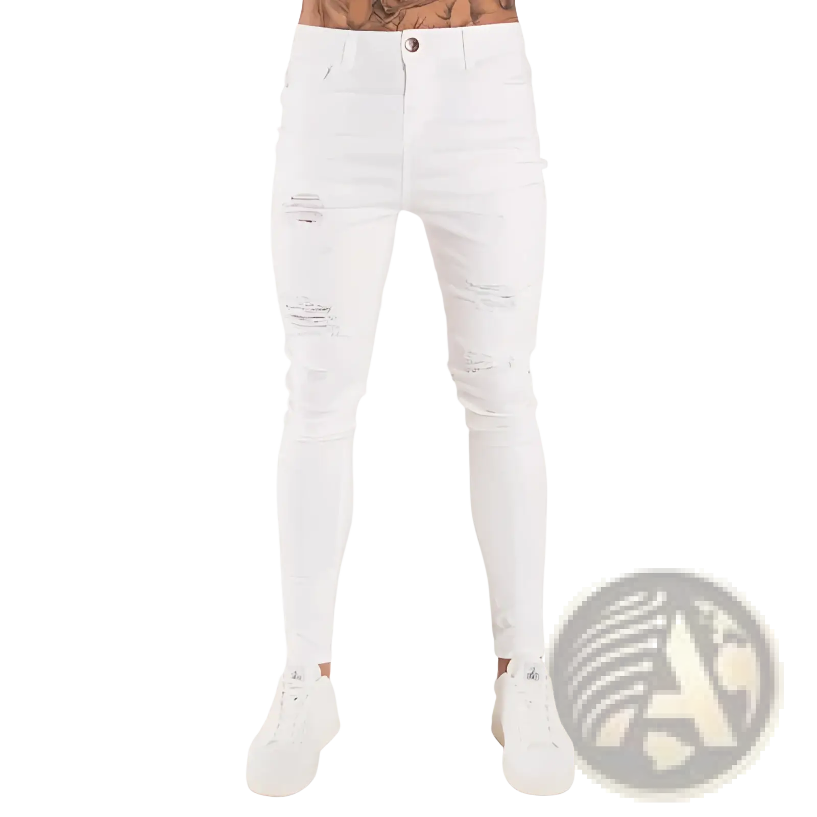 White distressed skinny jeans with ripped details and slim fit in hip hop denim for men with embroidery