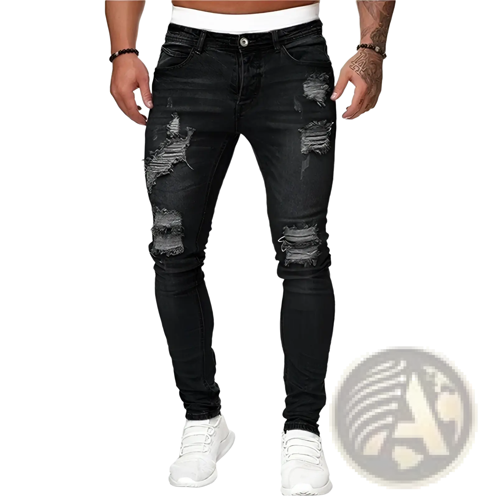Men embroidered black distressed skinny jeans with ripped knee details slim hip hop denim style