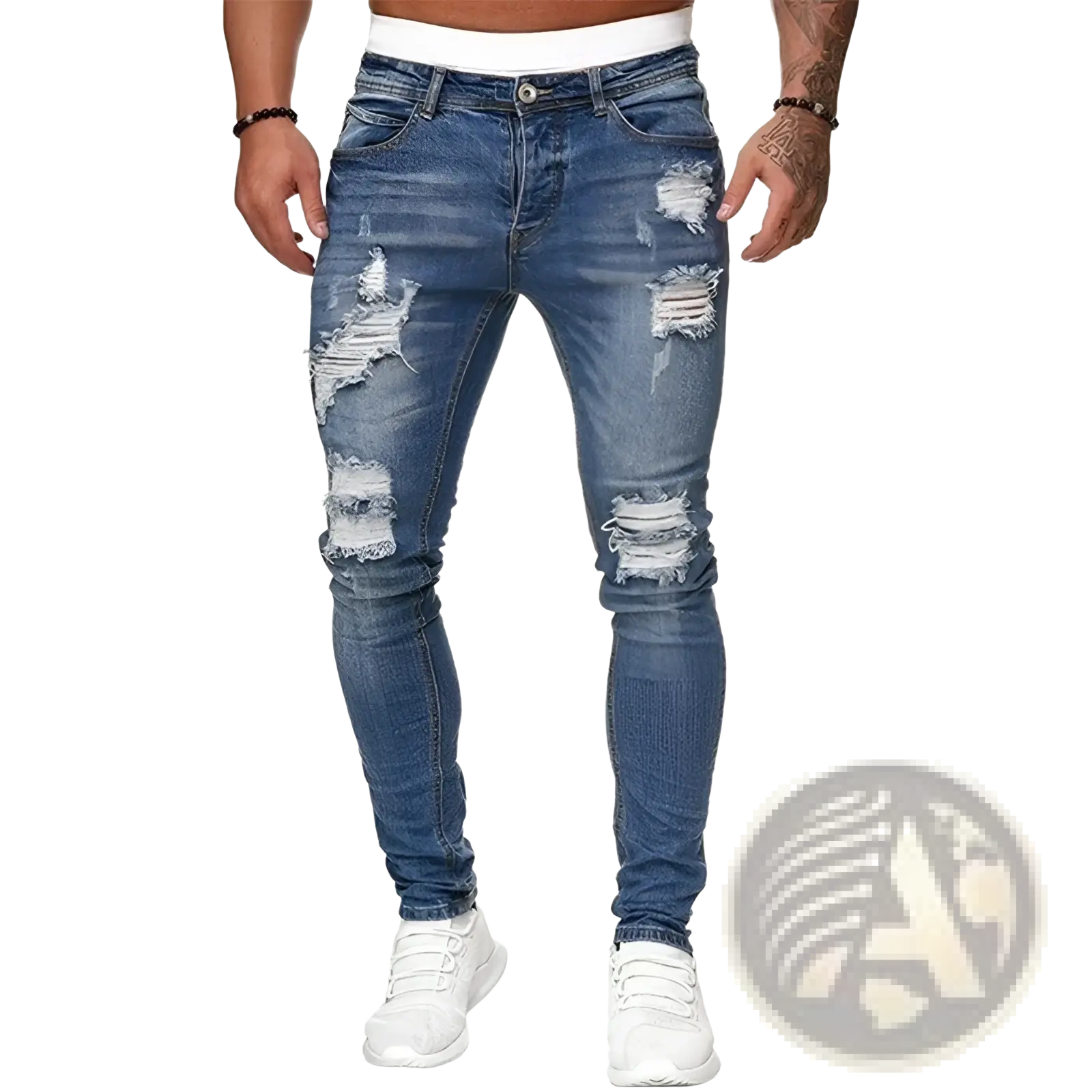 Men embroidered ripped skinny jeans in blue distressed denim with slim fit and ripped knee details for hip hop style