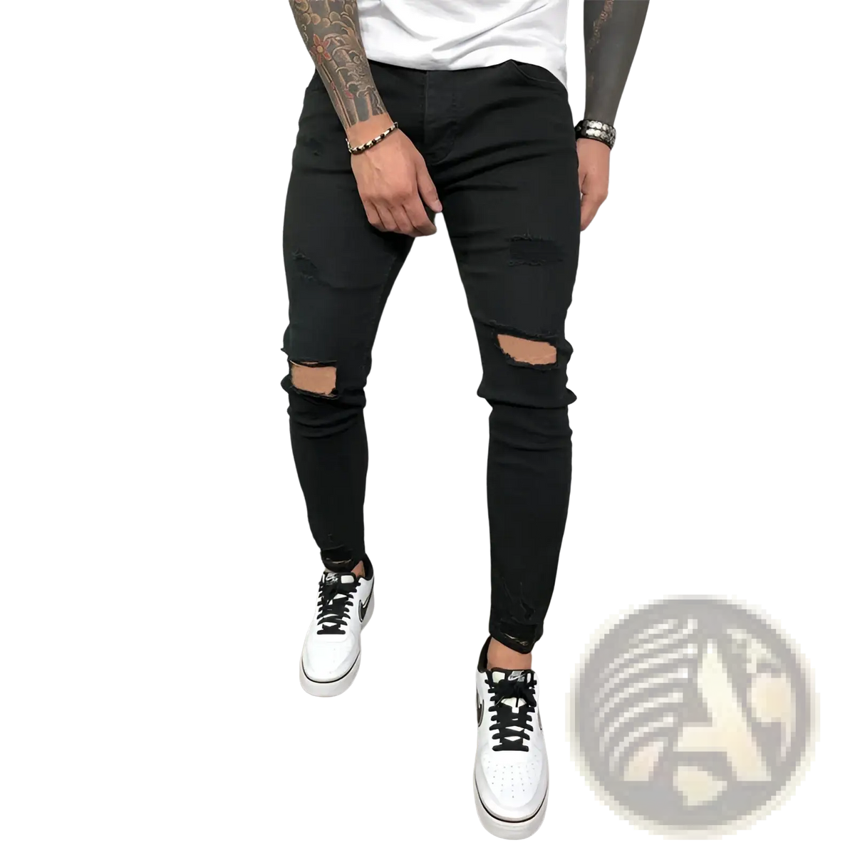 Black ripped skinny jeans with distressed patches and slim fit made of hip hop denim for men