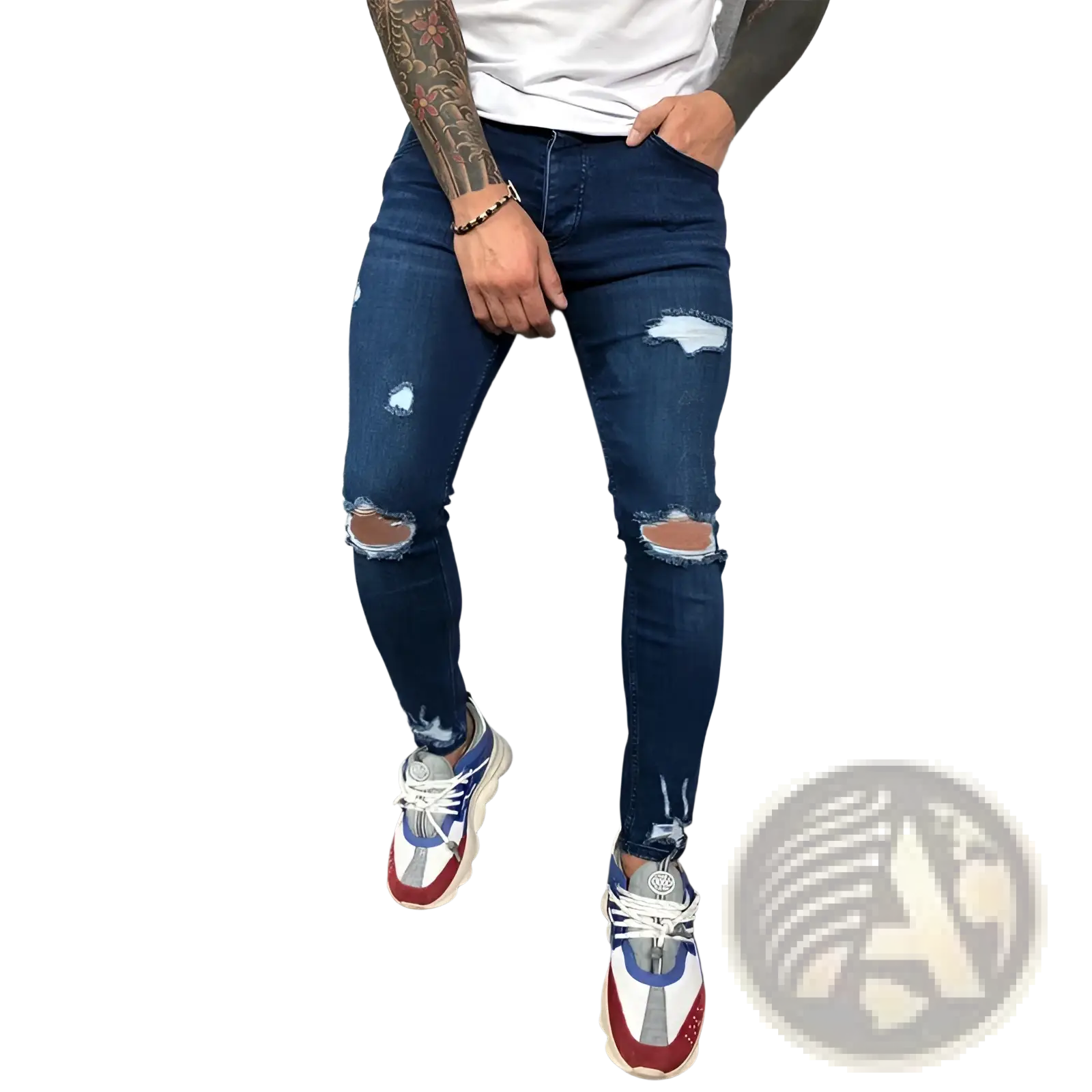 Men embroidered ripped skinny jeans in dark blue denim with distressed patches and frayed edges for a slim hip hop look