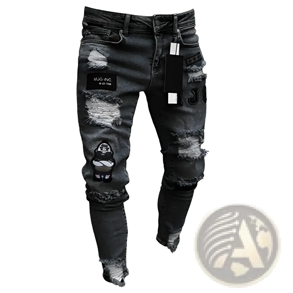 Men embroidered ripped skinny black denim jeans with distressed knees and cartoon patch for hip hop style