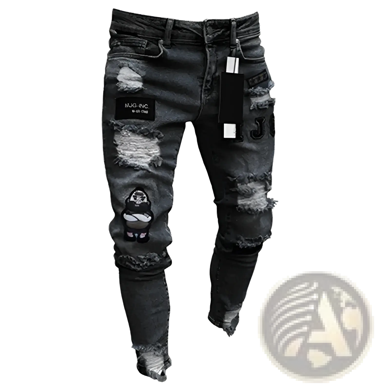 Men embroidered ripped skinny black denim jeans with distressed knees and cartoon patch for hip hop style