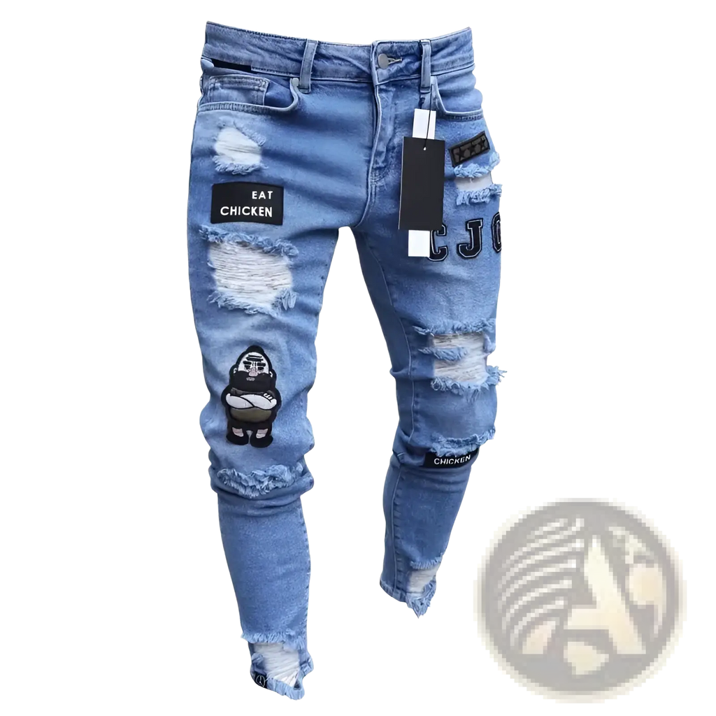 Men embroidered ripped skinny jeans slim hip hop denim in blue distressed denim with cartoon and embroidered patches