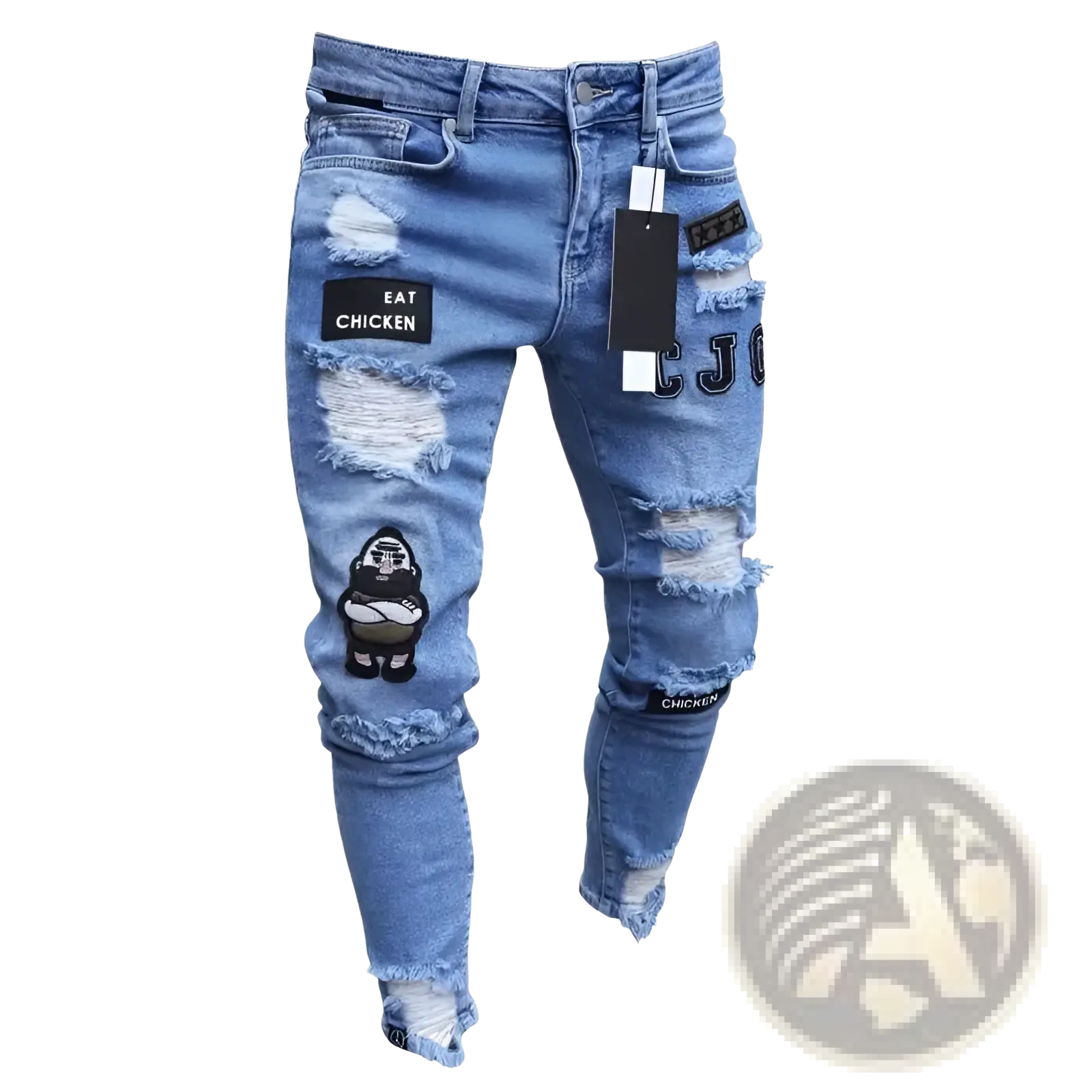 Men embroidered ripped skinny jeans slim hip hop denim in blue distressed denim with cartoon and embroidered patches