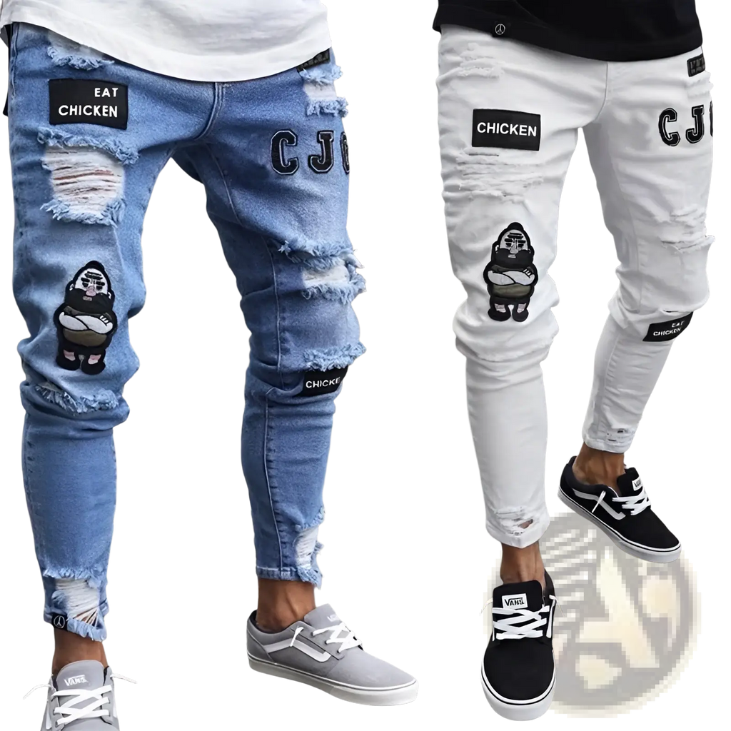 Men embroidered ripped skinny jeans slim hip hop denim in distressed blue featuring ripped knees and gorilla patches with eat chicken and cj labels
