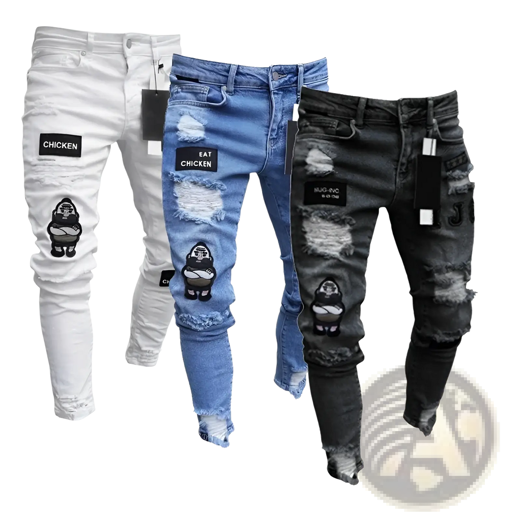 Men embroidered ripped skinny jeans in white medium blue and black denim with cartoon patches on thighs