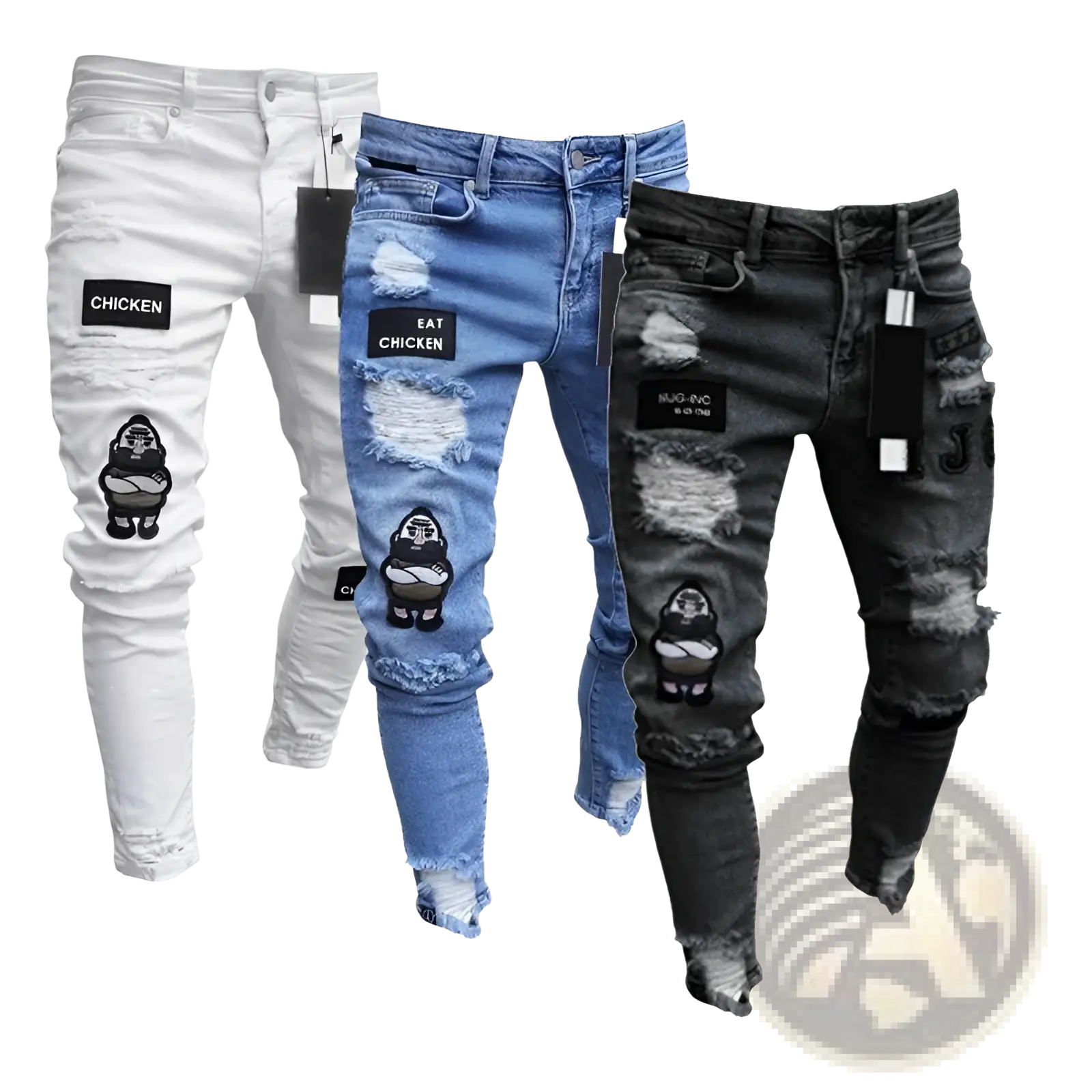Men embroidered ripped skinny jeans in white medium blue and black denim with cartoon patches on thighs