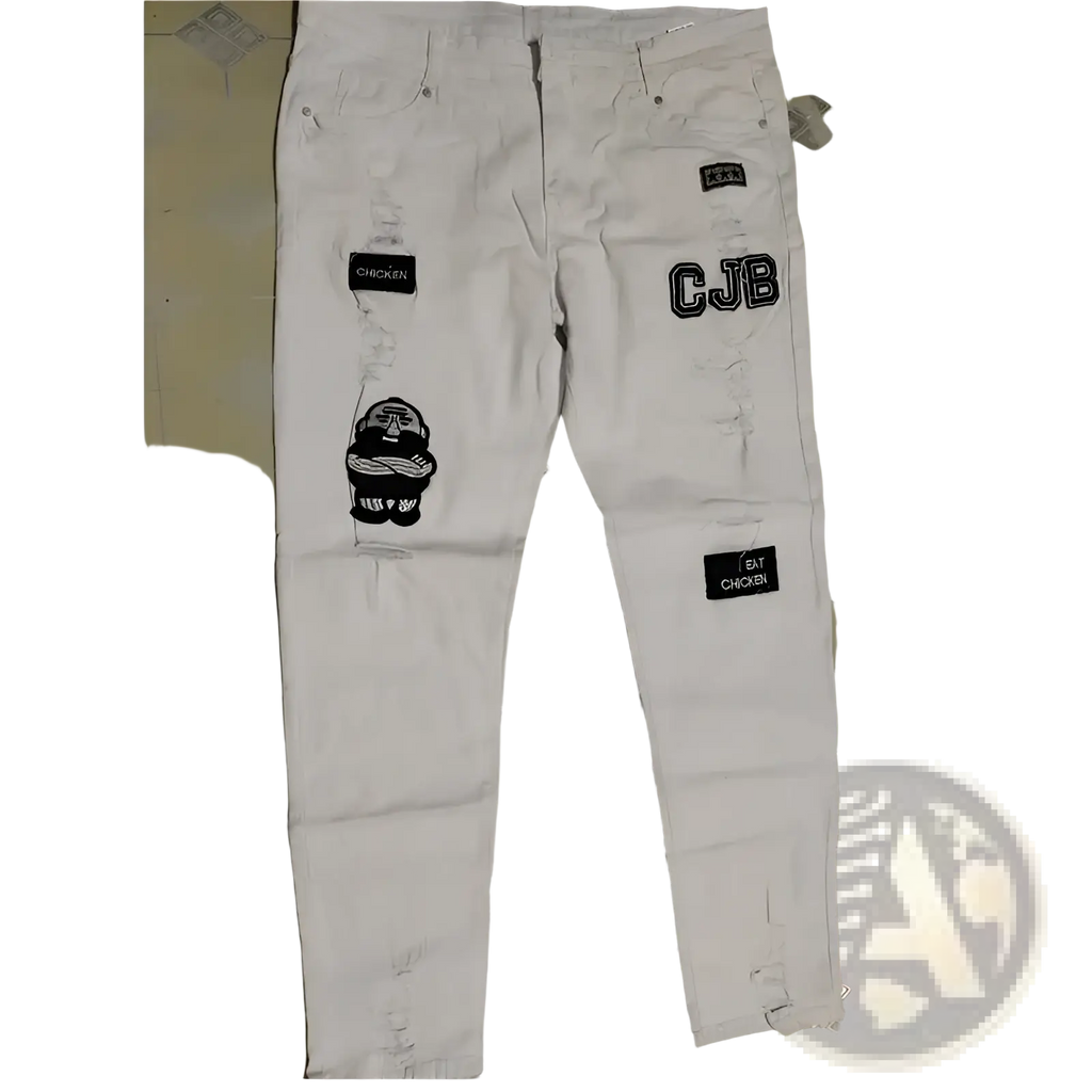 White distressed slim hip hop denim jeans for men with black cjb embroidered patches and cartoon chicken design