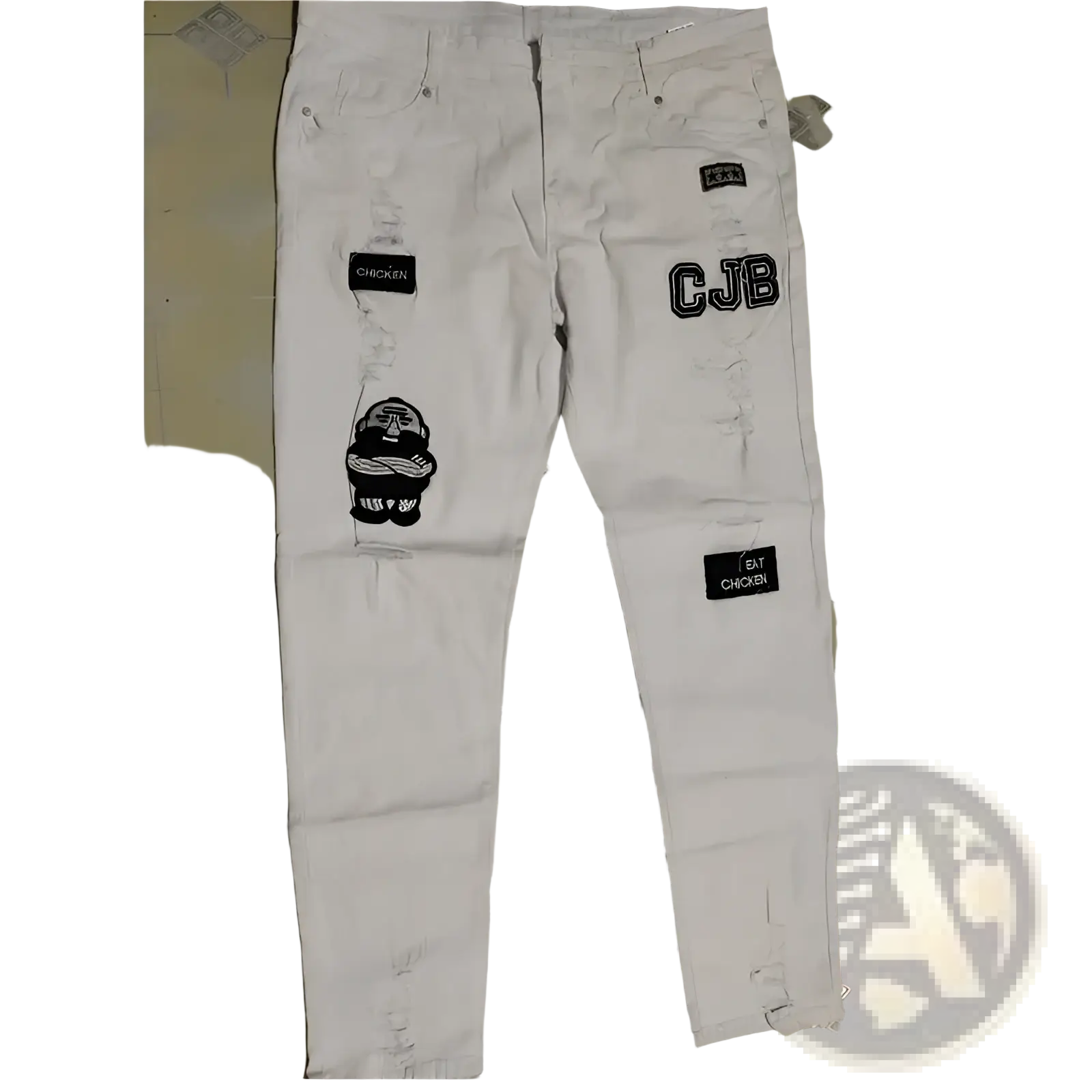 White distressed slim hip hop denim jeans for men with black cjb embroidered patches and cartoon chicken design
