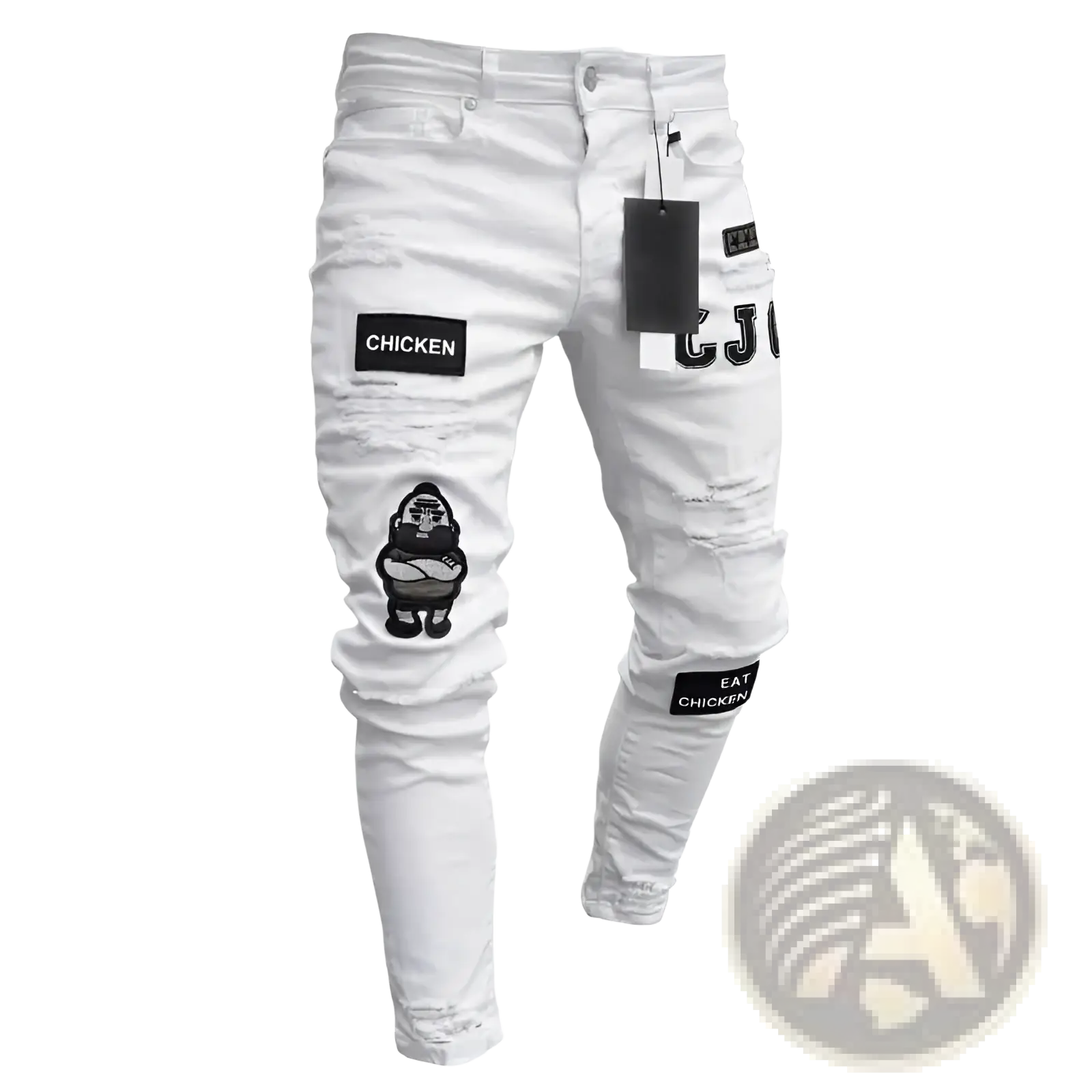Men embroidered ripped skinny jeans slim hip hop white distressed denim with black patches featuring chicken text and gorilla design